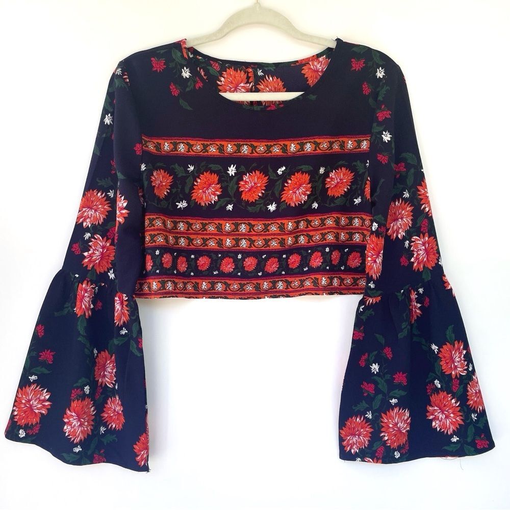 Floral Print Bell-Sleeves Cropped Blouse Top Navy/Orange Women's Size Bohemian